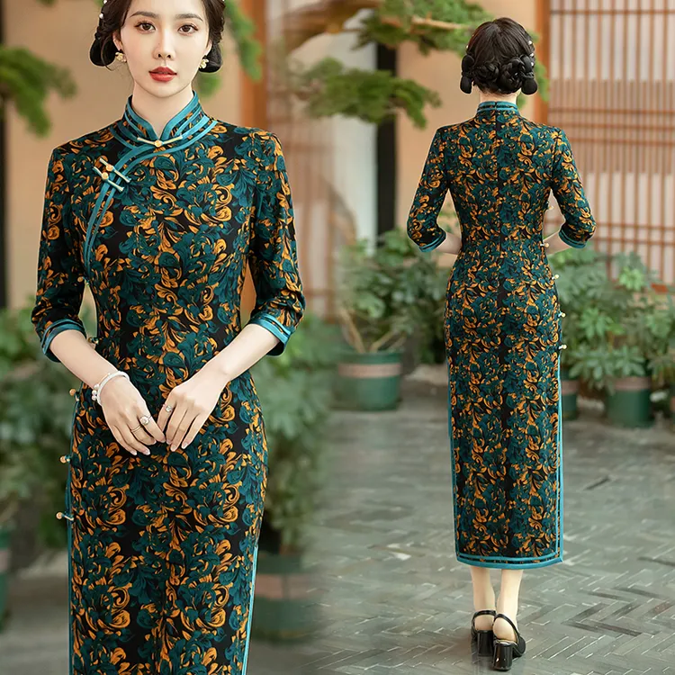 气质妈妈装时尚中国风旗袍裙宴会复古优雅礼服裙修身显瘦连衣裙