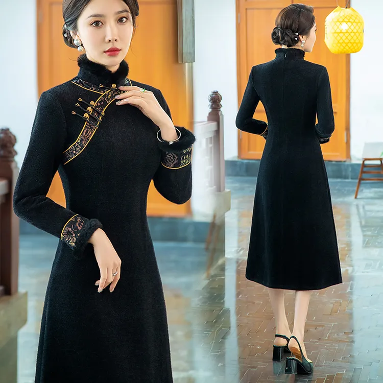 气质日常中国风旗袍黑色加绒加厚貂绒复古礼服显瘦修身走秀连衣裙