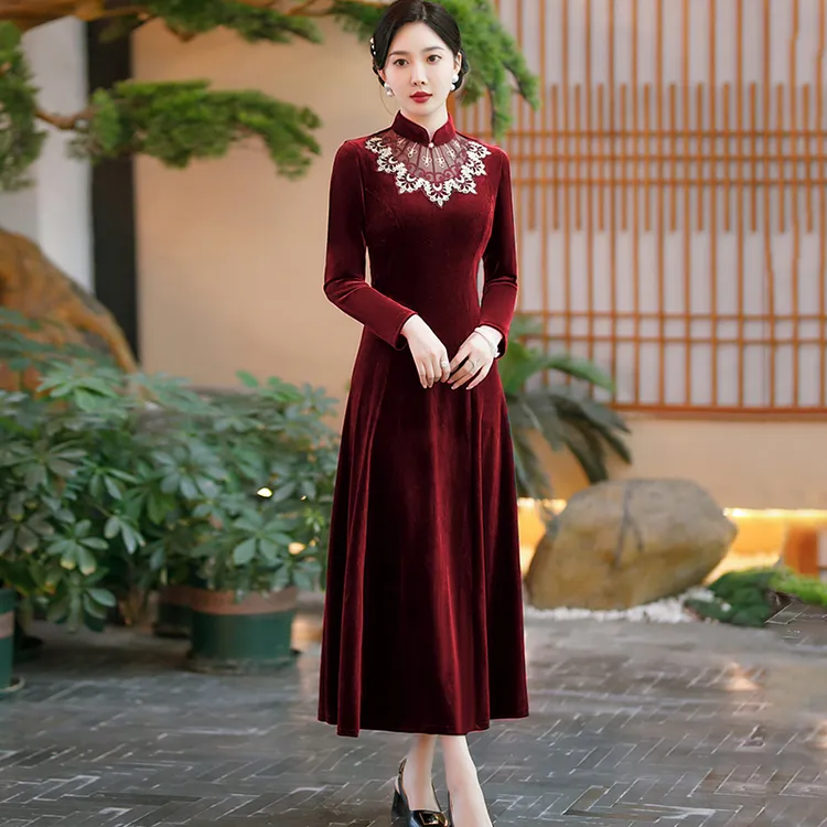 喜婚宴旗袍裙礼服秋冬高端喜婆婆结婚旗袍年轻款旗袍连衣裙女装