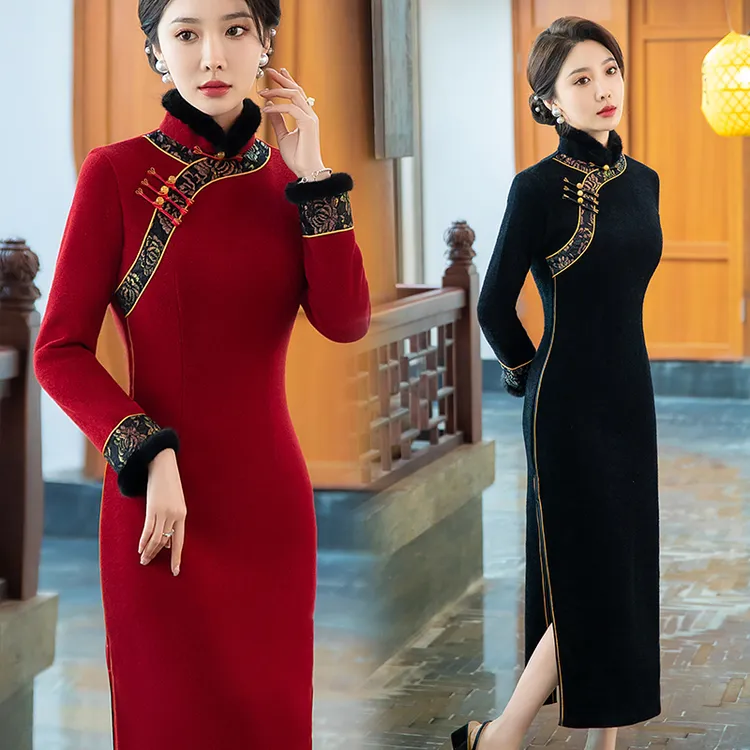 喜庆婚礼妈妈装红色中国风旗袍裙复古加厚喜婆婆敬酒服礼服连衣裙