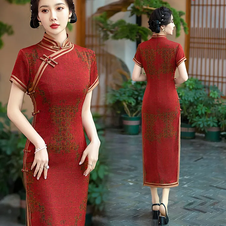 喜婆婆喜妈妈红色中国风旗袍裙婚礼敬酒礼服裙显瘦气质走秀连衣裙