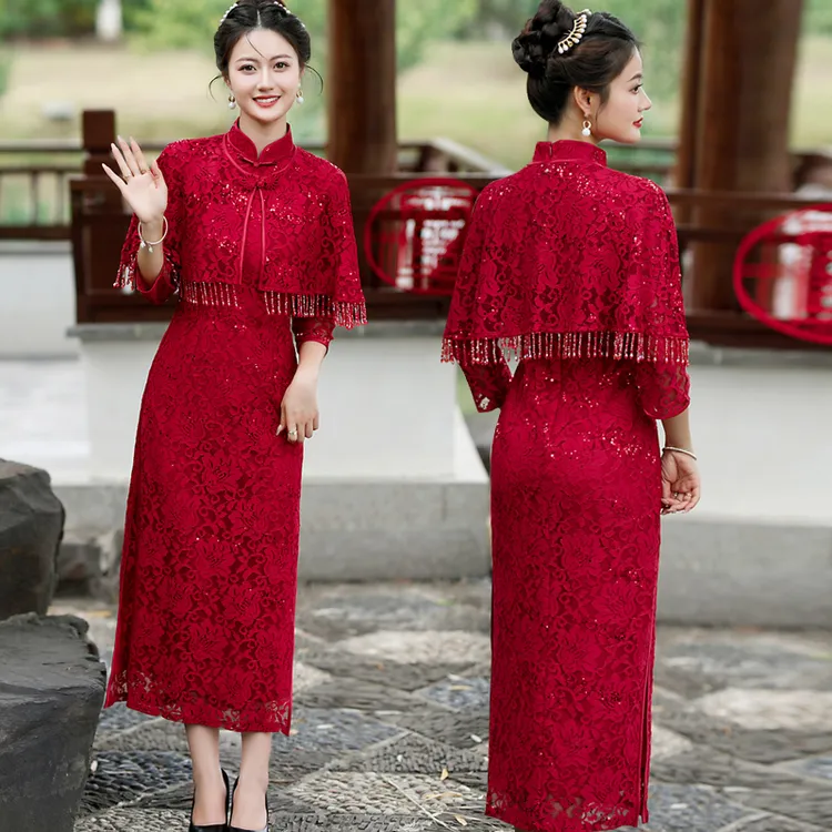 十月份装新款旗开得胜婚宴敬酒服妈妈礼服红色两件套平时旗袍穿