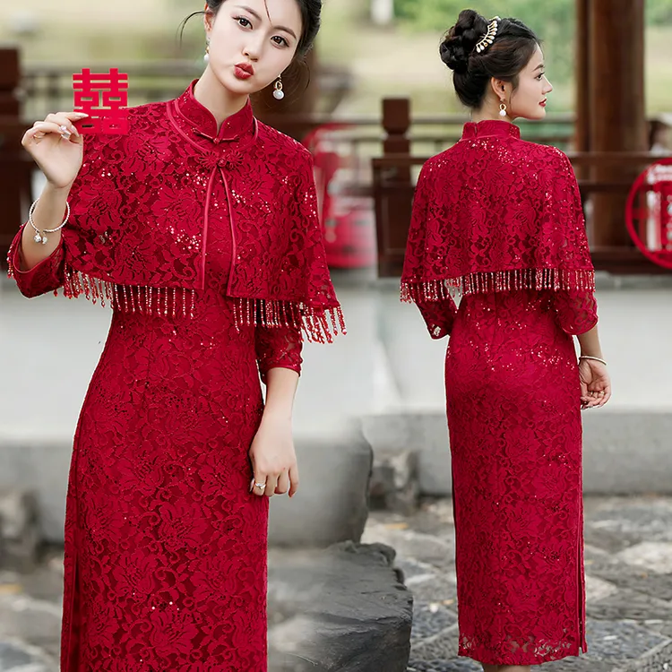 婚宴装旗袍蕾丝显瘦新娘婚礼敬酒服礼服老上海旗开得胜新中式旗袍