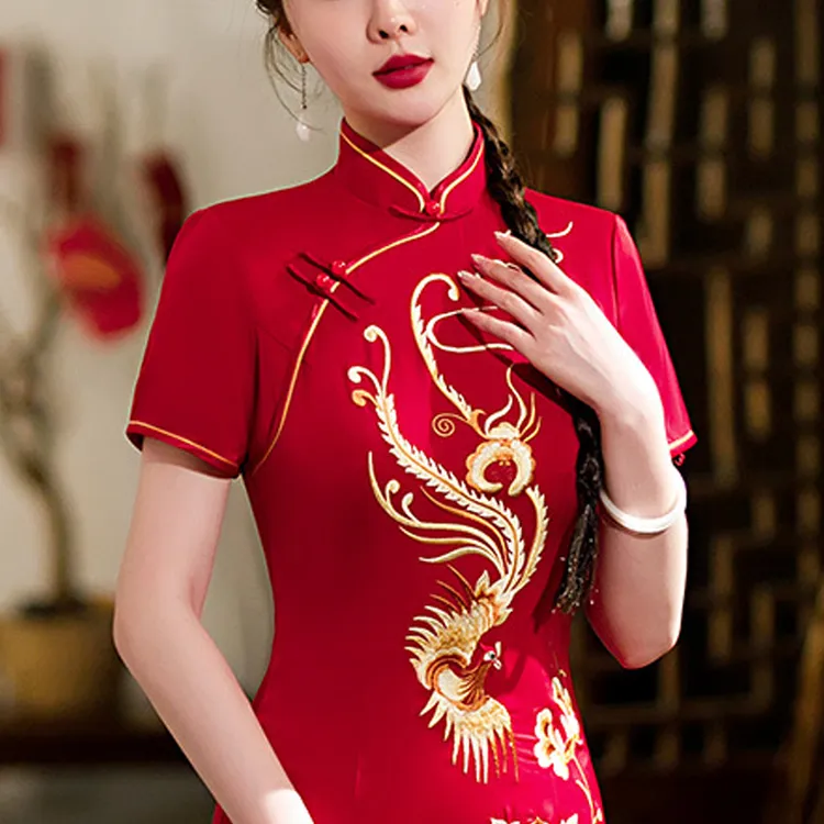 红色旗袍喜婆婆礼服婚宴高端日常新中式国风连衣裙复古大码妈妈装