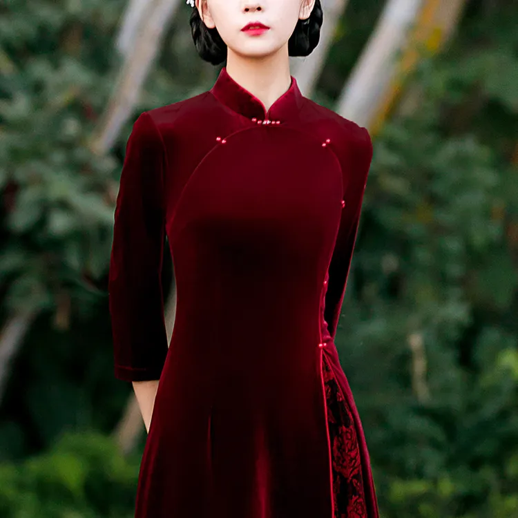 秋冬旗袍加厚民国风2024新款老上海高端贵夫人妈妈红色日常连衣裙