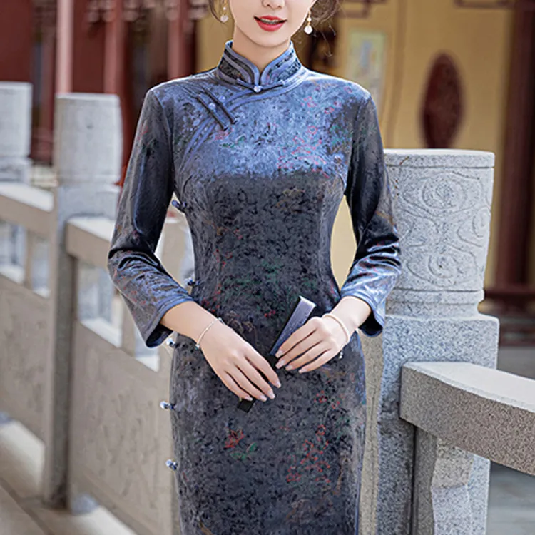 旗袍2024新款高端民国风秋冬三八妇女节老上海气质优雅蓝色长裙子