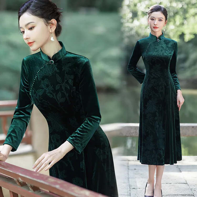 高贵加绒改良旗袍裙婚宴装复古妈妈装金丝旗袍优雅礼服连衣裙冬季