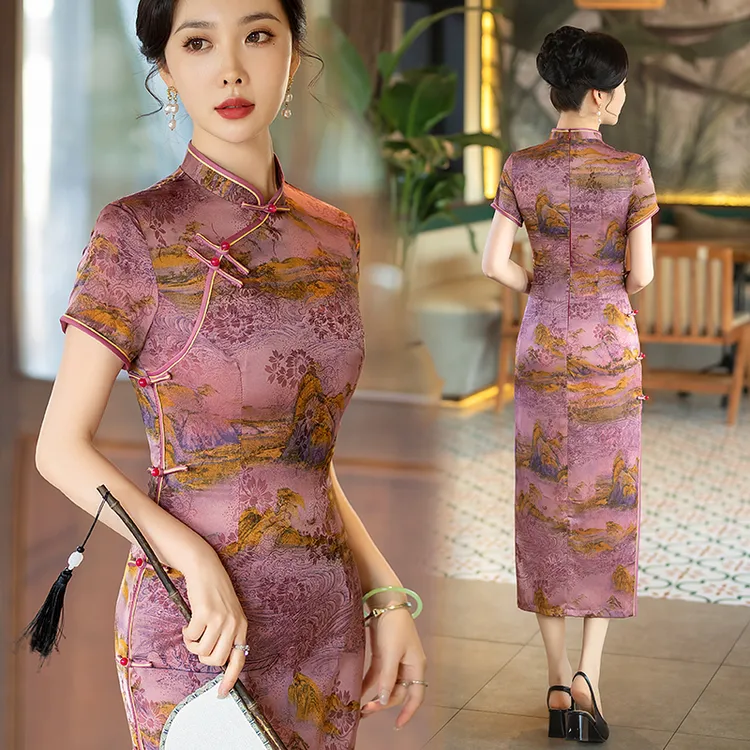 妈妈装婚礼中国风旗袍裙优雅复古礼服裙显瘦中长款国潮连衣裙夏季
