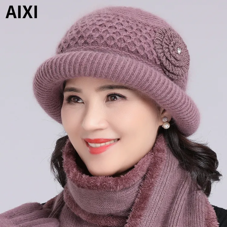中老年人帽子女冬季妈妈保暖针织帽老太太奶奶兔毛线帽加绒厚棉帽