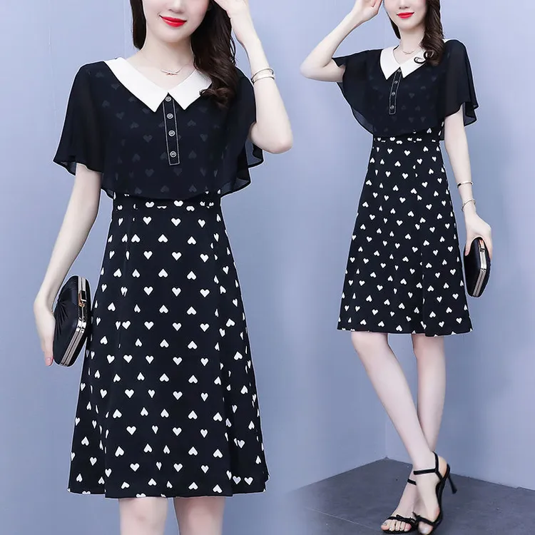 大码女装雪纺假两件裙子夏季新款胖妹妹气质显瘦轻熟风印花连衣裙