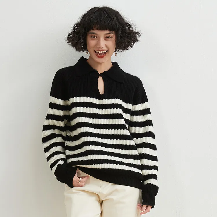 刘雯同款中式盘扣100纯羊毛衫秋冬女休闲宽松羊毛衫黑白条纹毛衣