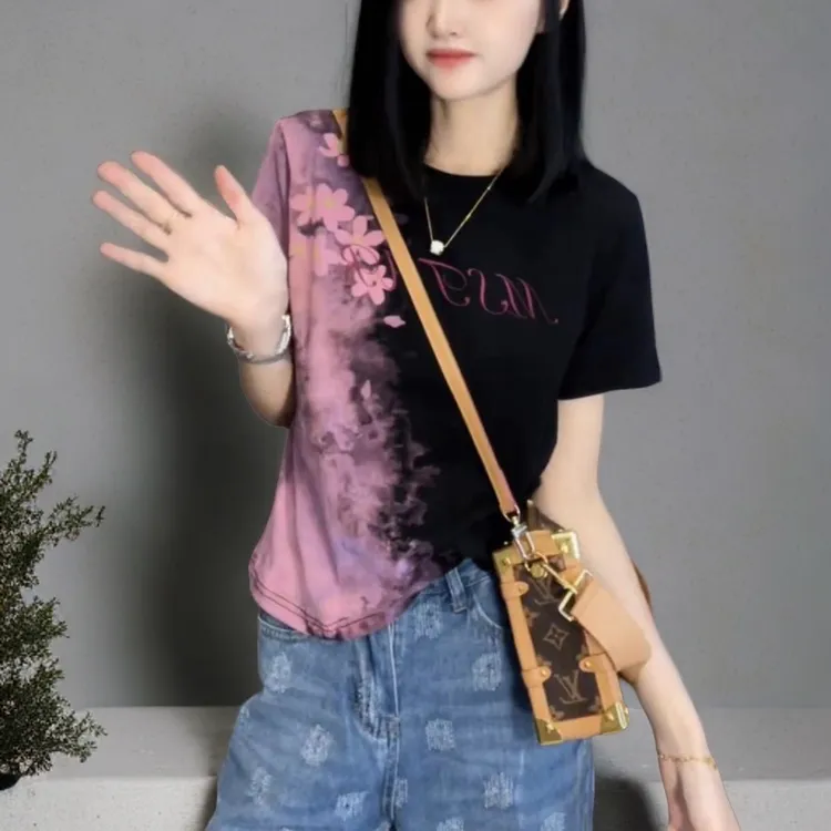 欧货不规则扎染正肩t恤女夏季复古气质新款上衣独特超好看小衫潮