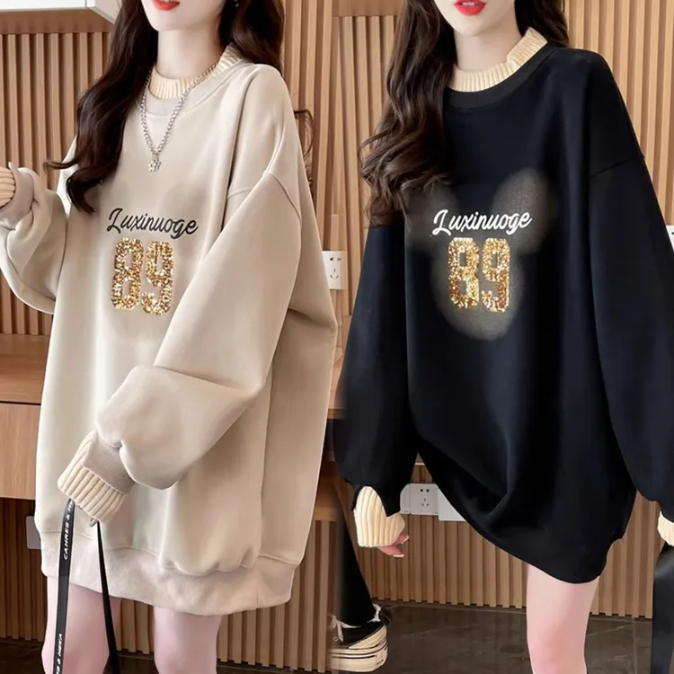 亮片刺绣假两件加绒加厚卫衣女秋冬季新款韩版宽松大码设计感上衣