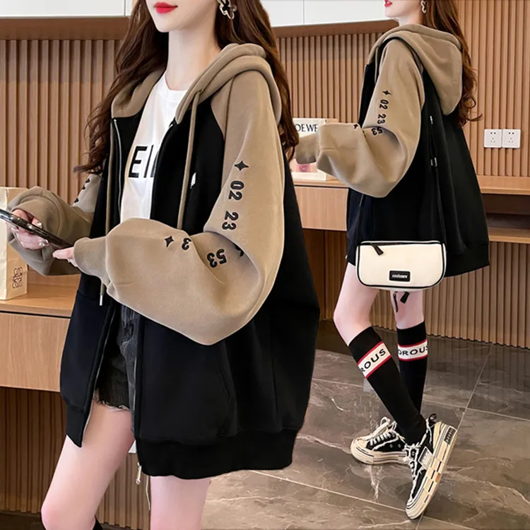 拼色刺绣设计感连帽春秋薄款拉链卫衣女新款韩版宽松百搭大码外套