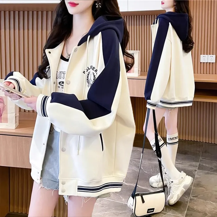 拼色连帽设计感薄款开衫棒球服女春秋季新款韩版宽松百搭休闲外套