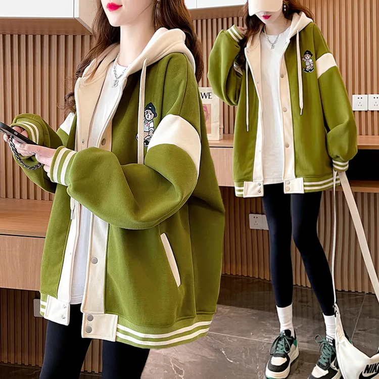 拼色连帽加绒棒球服外套女秋冬季新款韩版宽松百搭慵懒风开衫卫衣