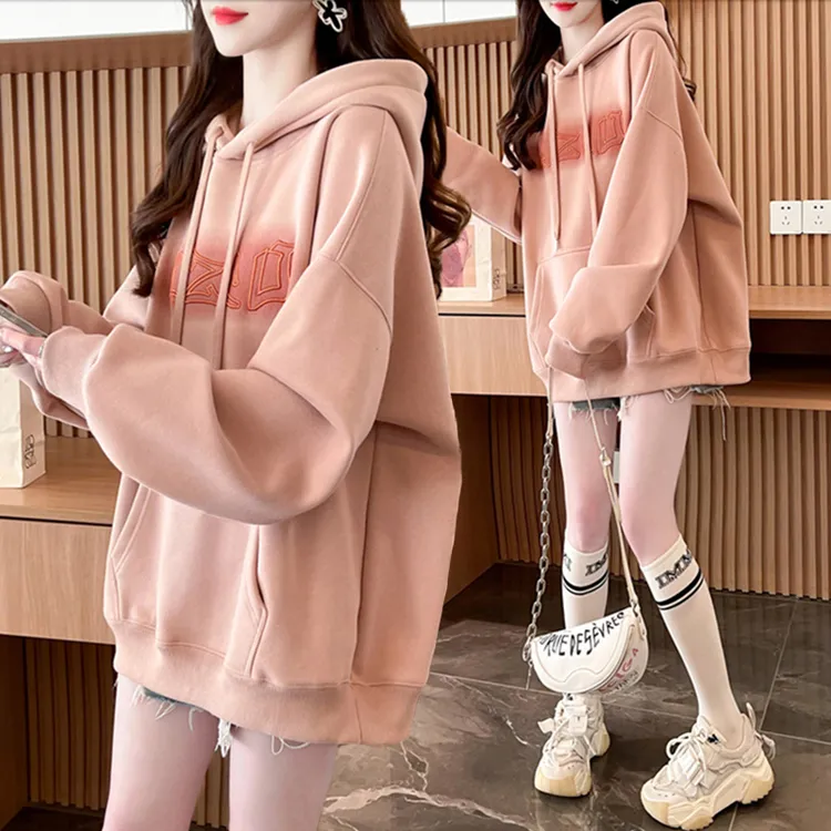 刺绣字母连帽加绒卫衣女秋冬新款韩版宽松百搭大码胖mm中长款上衣