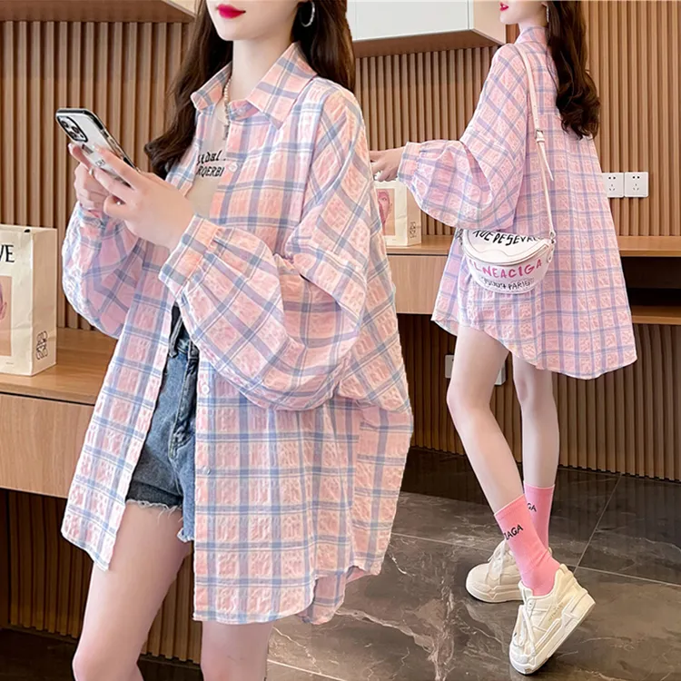 大码女装多巴胺格子防晒衬衫夏季新款韩版宽松百搭轻薄款开衫外套