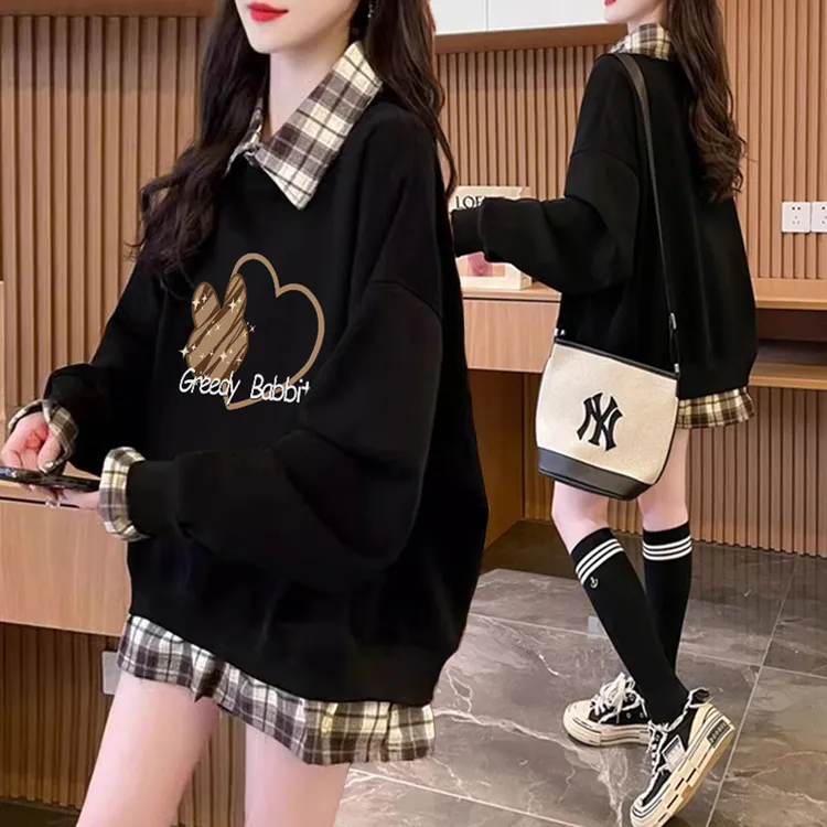 大码胖mm假两件春秋薄款卫衣女2024新款韩版宽松百搭洋气长袖上衣