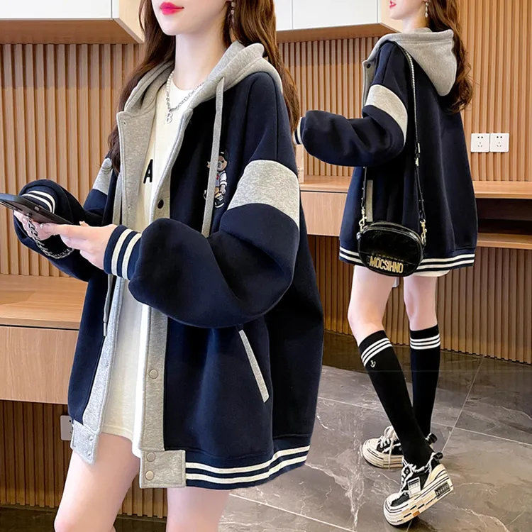 拼色连帽设计感薄款开衫卫衣女春秋季新款韩版宽松大码棒球服外套