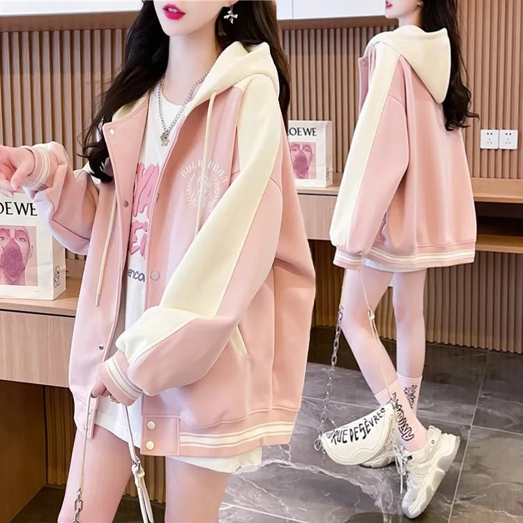 拼色刺绣连帽薄款棒球服女春秋季新款韩版宽松百搭设计感休闲外套