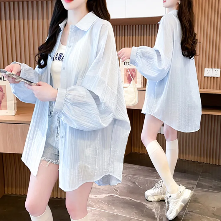 大码胖mm薄款防晒衬衫女夏季新款韩版宽松百搭长袖薄款设计感衬衣