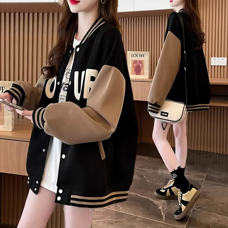 大码胖mm拼色薄款棒球服女春秋季新款韩版宽松百搭设计感休闲外套