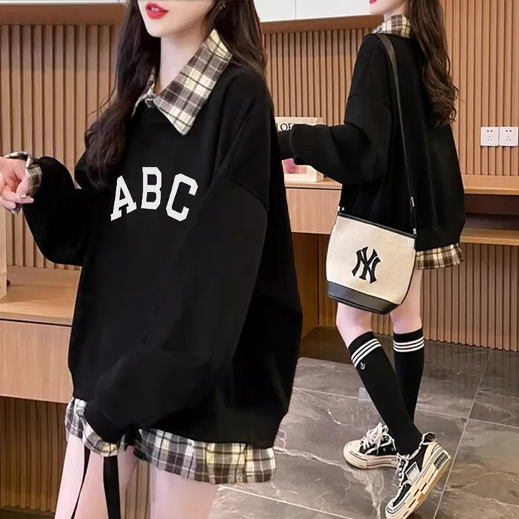 大码女装假两件薄款洋气卫衣女春秋新款韩版宽松百搭休闲洋气上衣