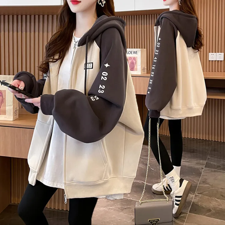 拼色刺绣连帽春秋薄款拉链卫衣女新款韩版宽松百搭慵懒风早秋外套