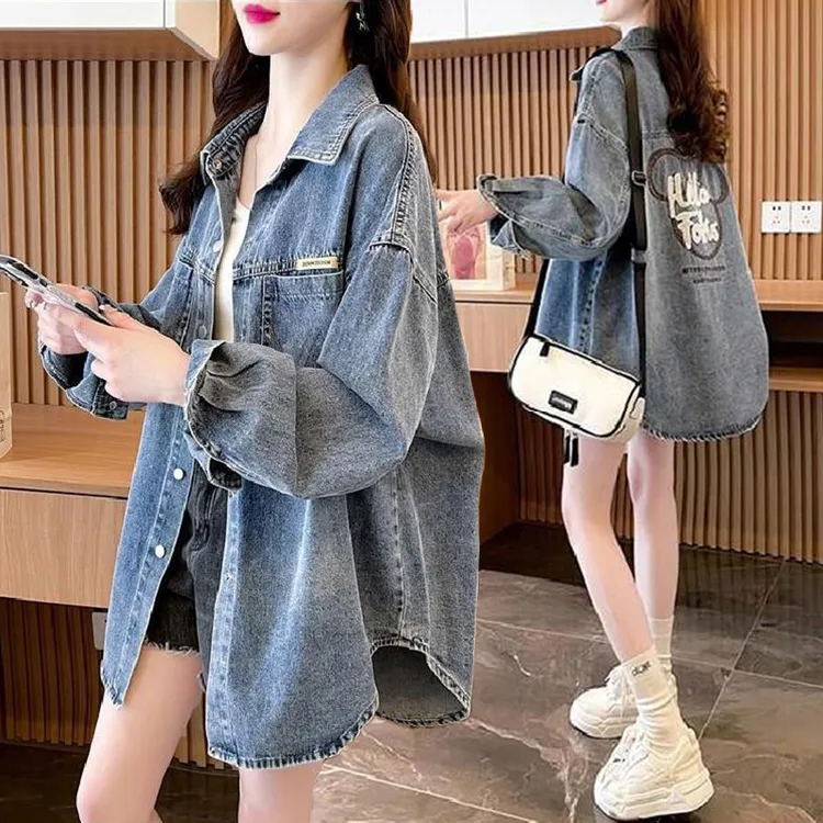 大码胖mm设计感薄款牛仔衬衫女秋冬新款韩版宽松百搭洋气衬衣外套