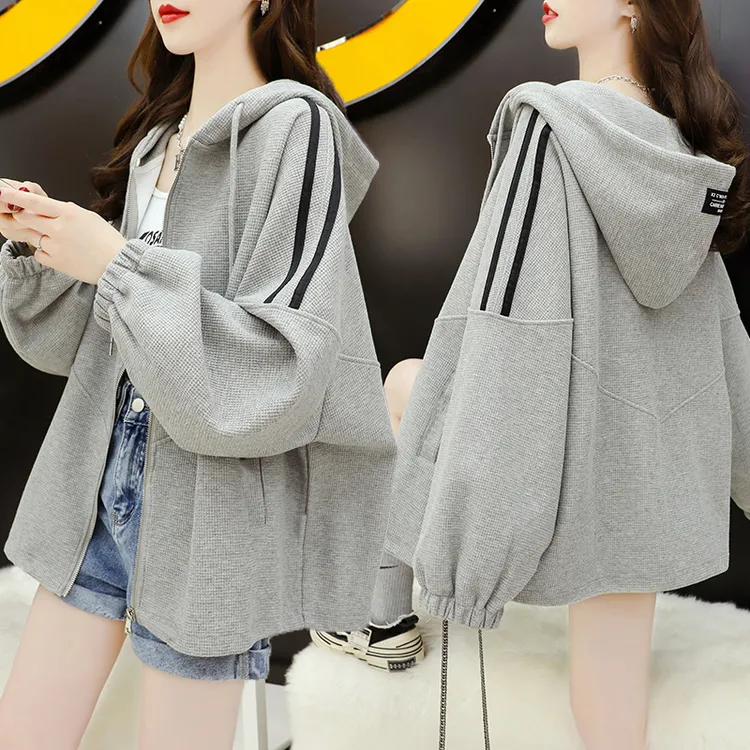 大码胖mm拉链薄款小个子卫衣女秋季新款韩版宽松百搭学生连帽外套