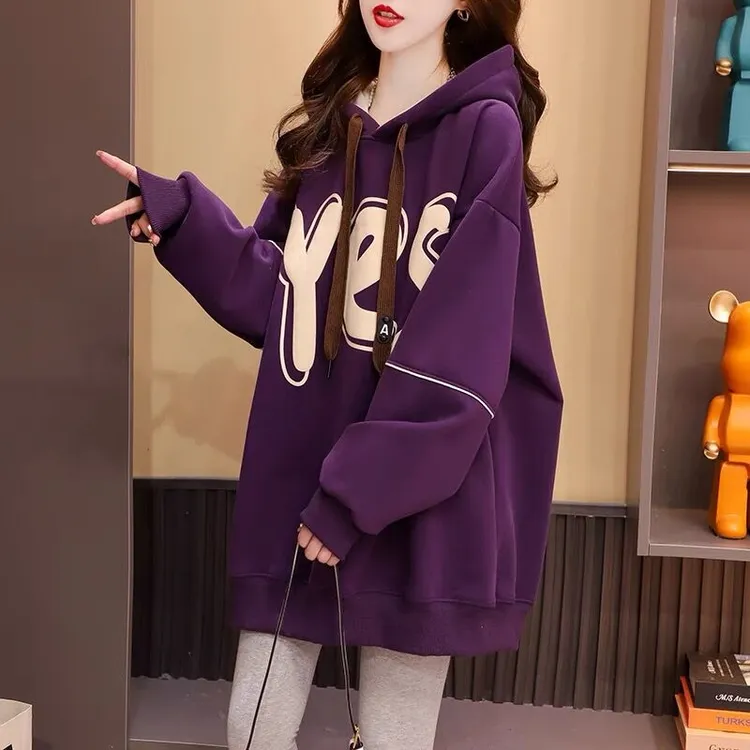 中长款韩版连帽紫色美式秋冬加绒加厚卫衣女宽松胖mm大码显瘦帽衫