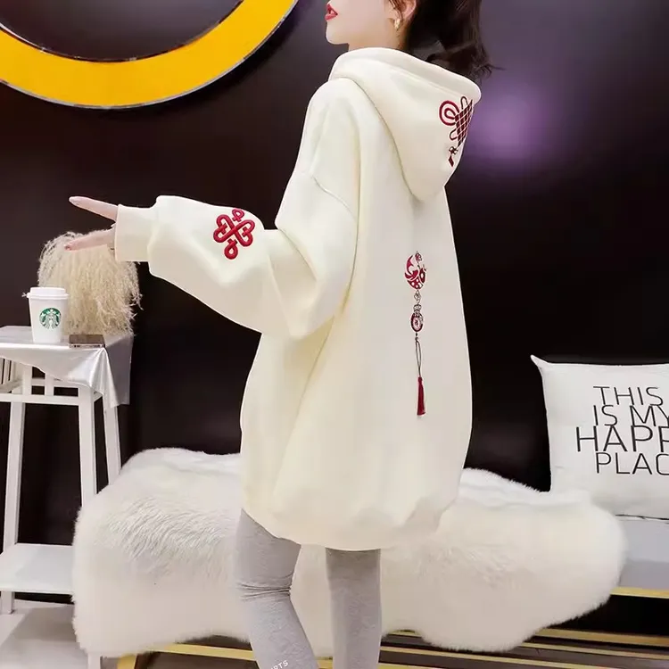 中长款遮屁股秋冬新款加绒加厚大码洋气连帽中国结纯棉卫衣帽衫女