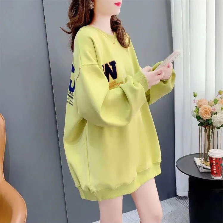 中长款大码宽松卫衣女遮屁股春秋新款薄款圆领长袖遮臀慵懒风上衣