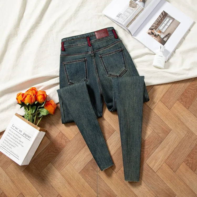 高腰加绒牛仔裤女秋冬新款显高显瘦紧身弹力小脚提臀铅笔长裤女