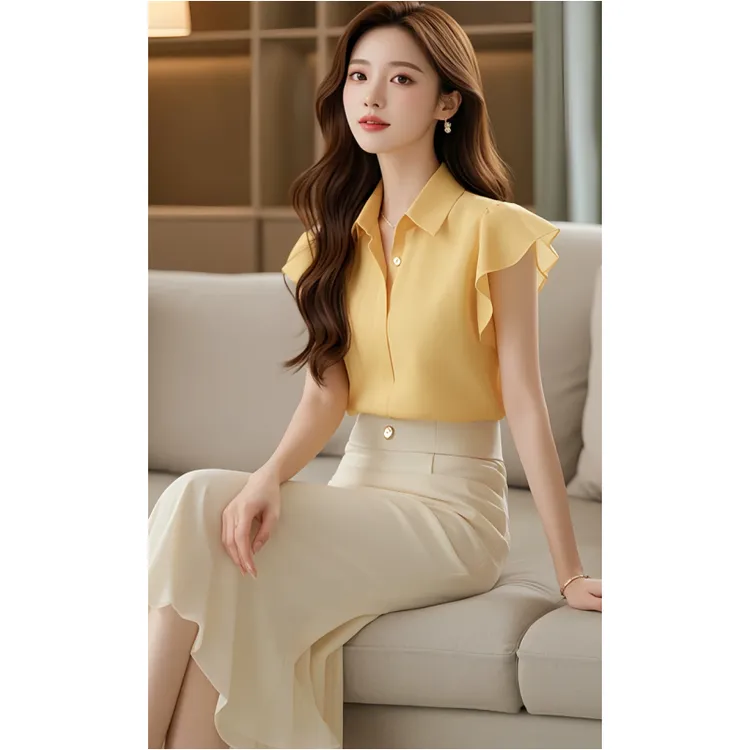 （8042）夏天搭配一整套时尚流行漂亮盐系炸街黄色衬衫裙子两件套装