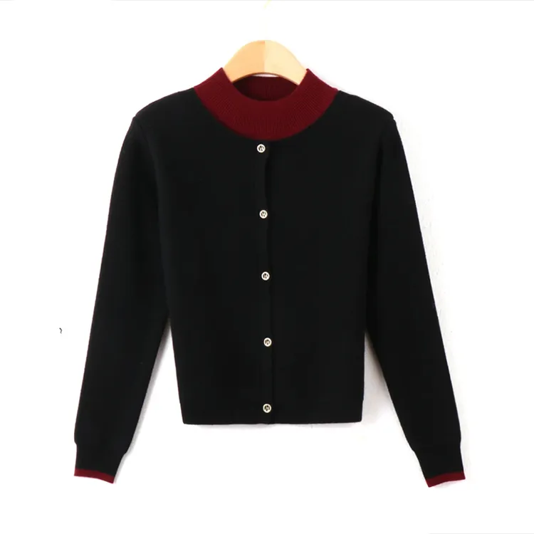 拼色秋冬毛衣假两件立领开衫女士春装洋气针织外套宽松外塔上衣