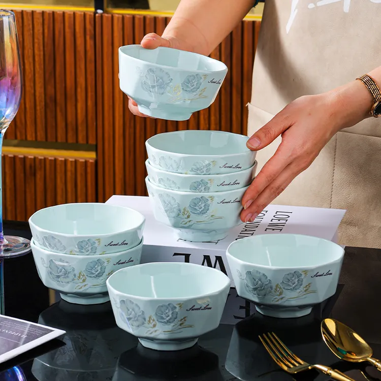句途10只影青牡丹花碗家用陶瓷碗4.6英寸米饭碗防烫吃面碗可微波