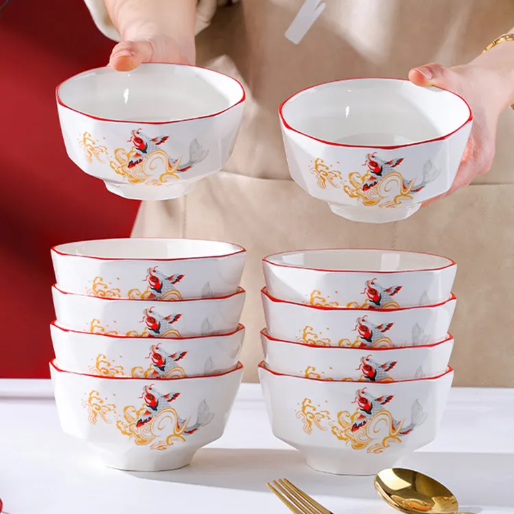 句途10只新年中国风碗家用4.5英寸米饭碗年年有余加厚防烫吃面碗