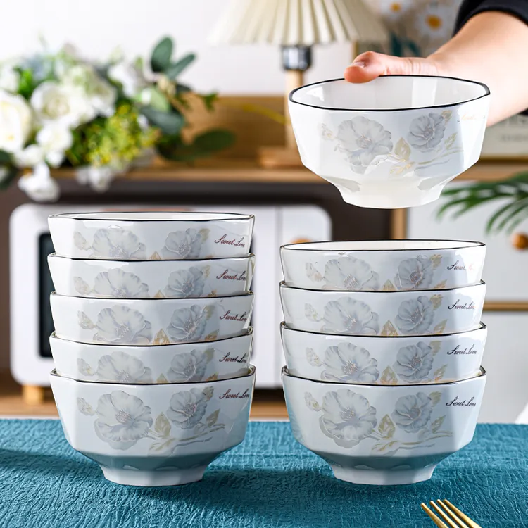 句途10只甜蜜蜜碗家用陶瓷4.5英寸米饭碗加厚防烫吃面碗牡丹花碗