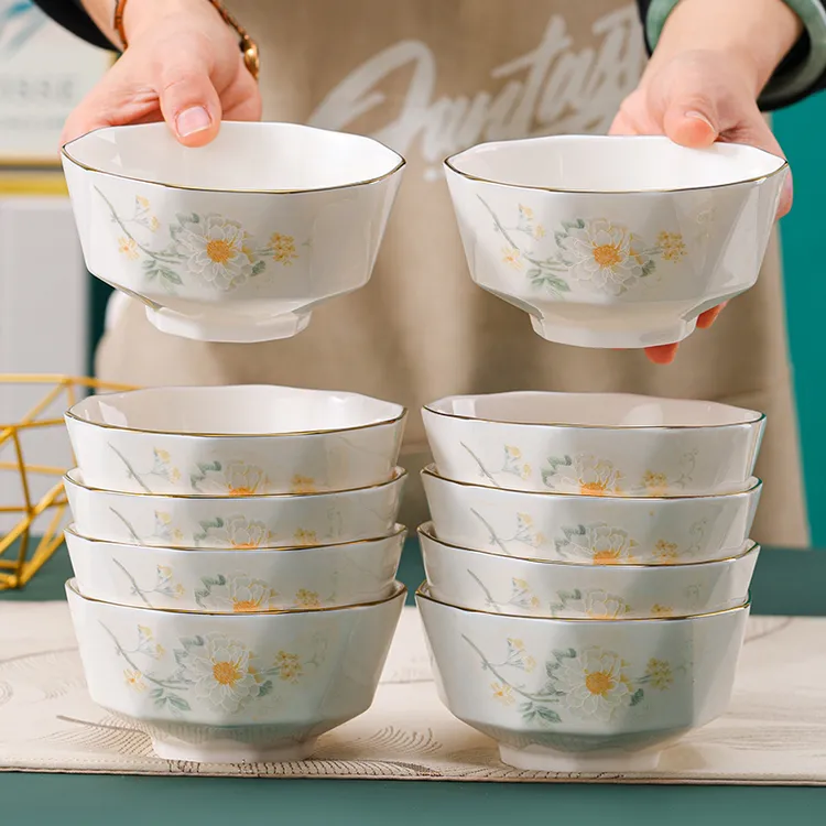 句途描金雏菊10个4.5英寸家用陶瓷碗米饭碗加厚防烫陶瓷餐具