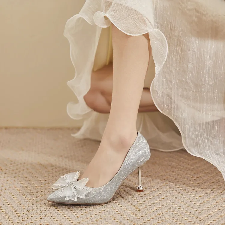 婚鞋禾秀主婚纱两穿新娘鞋女2025新款银色成人礼水晶鞋婚礼高跟鞋