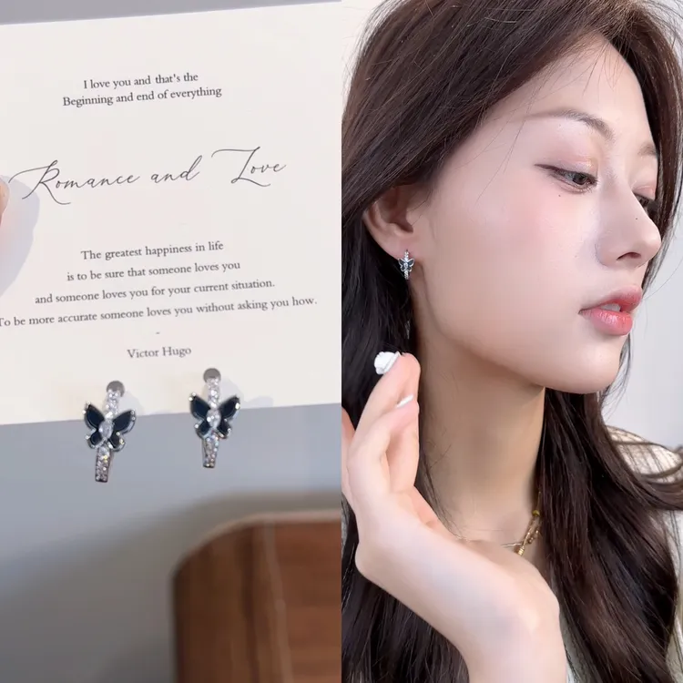 925银针黑色小蝴蝶耳扣百搭精致耳环【赠礼盒收据】