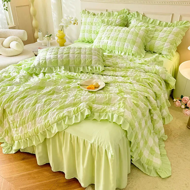 小清新纯色泡泡纱夏凉被床裙四件套公主风可机洗水洗空调被薄被