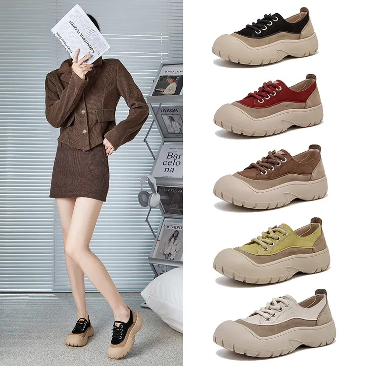 头层牛皮2024丑萌厚底系带百搭潮流爆款女圆头单鞋休闲鞋秋季春秋