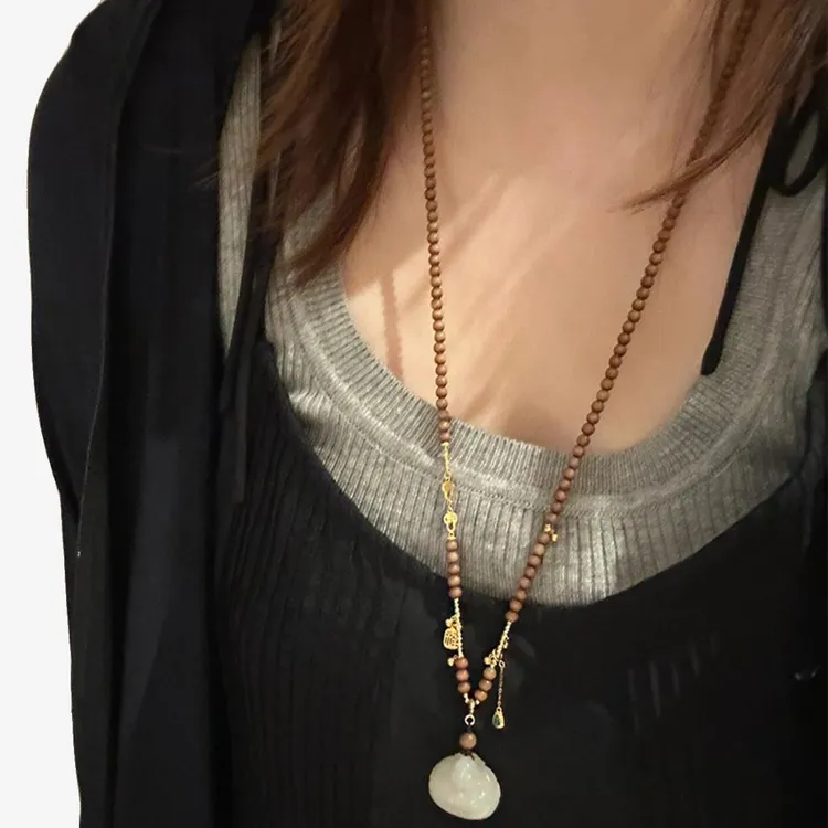 铜合金项链 复古手作老山檀木串珠项链女万能链新中式古风diy长款