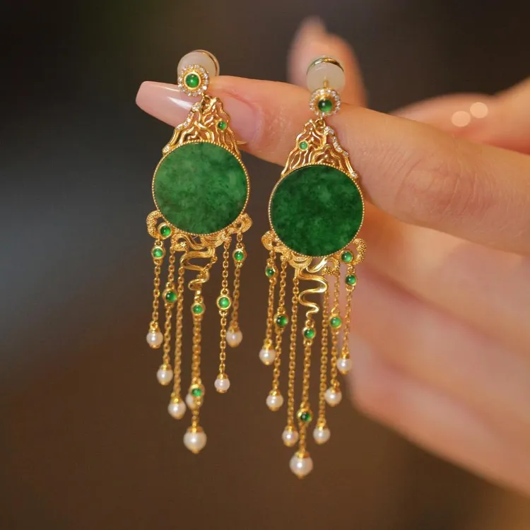 铜合金耳饰 原创新中式耳环日出江山色满绿色圆牌流苏耳坠送礼物