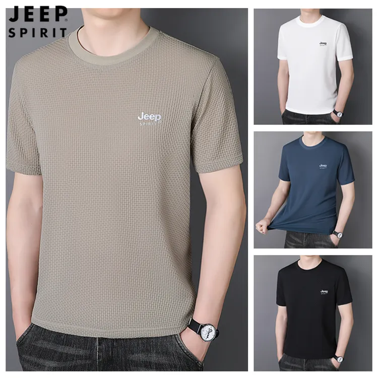 JEEPSPIRIT提花冰丝T恤男夏季速干透气圆领百搭短袖中青年半袖潮