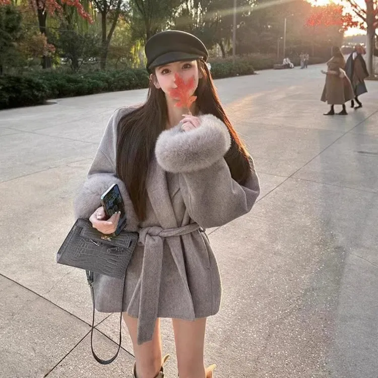 超大毛领双面大衣穿搭秋冬毛呢外套气质名媛/ins风小个子网红呢子