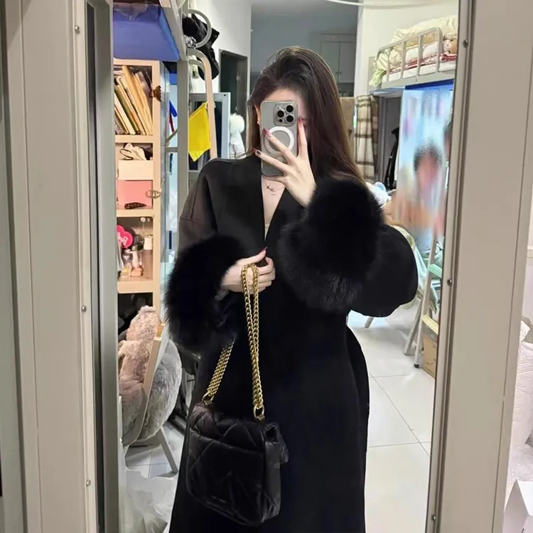 黑色高端仿真狐狸毛袖口双面大衣女长款高级感秋冬赫本风毛呢外套